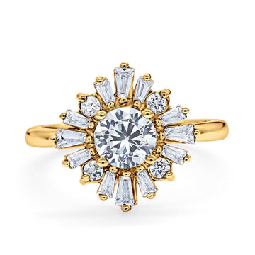 14K Yellow Gold Halo Floral Style Vintage Art Deco Wedding Engagement Ring Baguette Round Simulated Cubic Zirconia